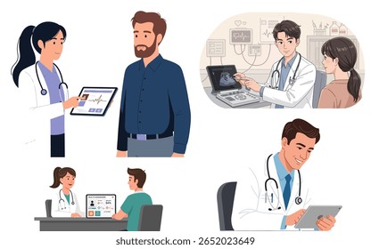 Diverse medical professionals interacting with patients, using tablets, and examining medical data in a healthcare setting.