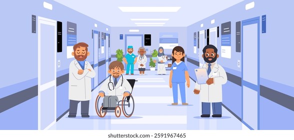 Diverse medical staff in modern hospital corridor. Doctors and nurses at work vector illustration