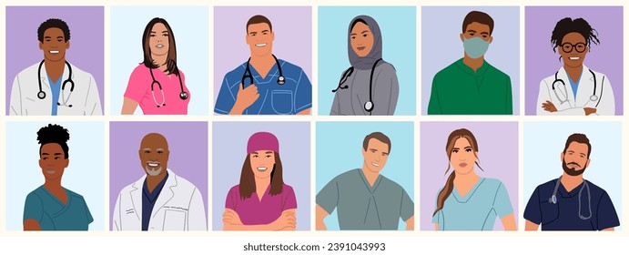 Diverse medical worker doctor nurse vector avatars