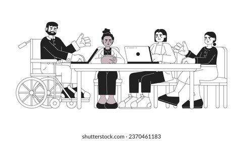 Diverse meeting work black and white cartoon flat illustration. Diversity people discussion linear 2D characters isolated. Brainstorming employees. Coworkers boardroom monochromatic scene vector image