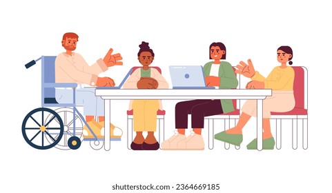 Diverse Meetingarbeiten Cartoon flache Illustration. Diversity Menschen diskutieren 2D-Zeichen einzeln auf weißem Hintergrund. Brainstorming-Büroangestellte. Co-Worker-Vorstandsszene, Vektorgrafik