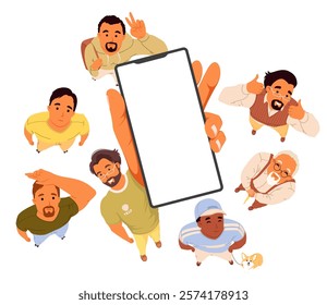 Diverse men cartoon characters looking up top down view
