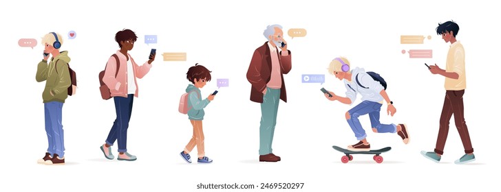 Diversos hombres de diferentes edades y etnias usando teléfonos inteligentes, navegar por Internet, chatear. Personajes masculinos, adultos jóvenes y hombres mayores sosteniendo aparatos. aísla Ilustraciones vectoriales en blanco.
