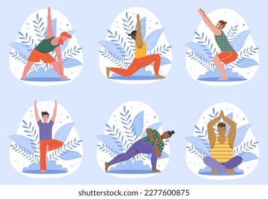 Diverse men doing yoga and meditation at nature. Different males meditating and doing fitness exercises outdoors. Set of man practicing yoga, stretching and training at outdoor workout.