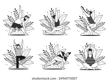 Diverse men doing yoga and meditation at nature in line art. Different males meditating and doing fitness exercises outdoors. Set of man practicing yoga, stretching and training at outdoor workout.