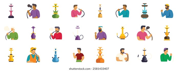 Diverse men enjoying hookah, showcasing various water pipe designs in a colorful flat design
