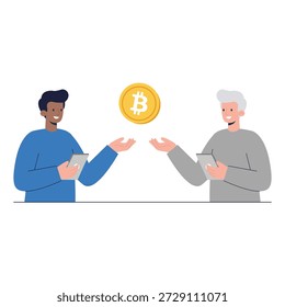 Diversos hombres intercambiando monedas de Bitcoin por Ilustración vectorial de transacciones de criptomonedas digitales.
