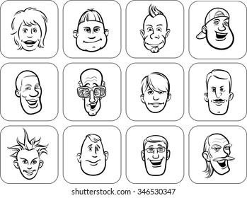 diverse men faces outline vector illustration