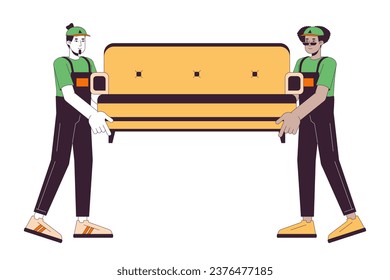 Diverse men furniture movers line cartoon flat illustration. Moving company workers carrying sofa 2D lineart characters isolated on white background. Relocation service scene vector color image