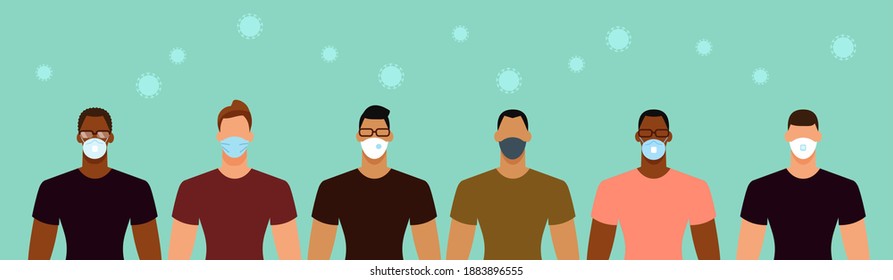 Diverse men group in protective face masks during the epidemic. Social distance, quarantine concept. Flat design vector illustration.