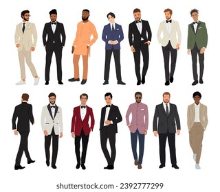 Diverse men wearing formal evening tuxedo outfit.