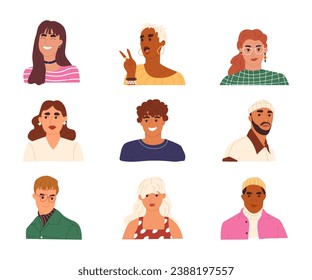 Diverse men and women head portraits collection. Happy young characters avatar set. Flat vector illustration isolated on white background