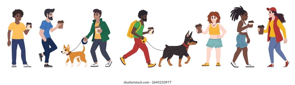 Diverse men and women, including African American and fair-skinned characters, enjoying coffee and walking outdoors. Casual stroll with pets. Flat vector people on white background.