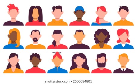 Diverse men and women people faceless profile headshot avatar isolated set on white background. Unknown or anonymous male and female users portraits cartoon characters collection vector illustration