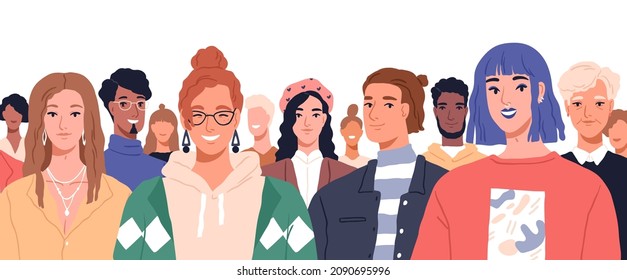 Diverse men and women portrait. Group of happy people of different age, generation and race. Multiracial crowd. Diversity in society concept. Flat vector illustration isolated on white background