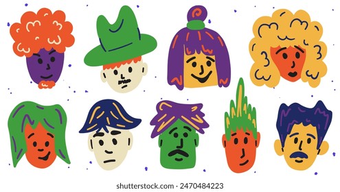 Diverse men and women portraits set. Trendy stylish people avatar. Different age, race, hairstyles, emotions. Contemporary cartoon faces. Abstract hand drawn collection. Isolated vector illustration