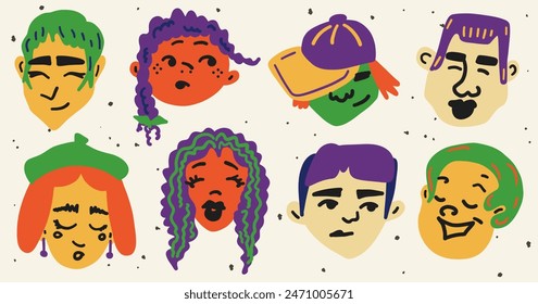 Diverse men and women portraits set. Trendy stylish people avatar. Different age, race, hairstyles, emotions. Contemporary cartoon faces. Abstract hand drawn collection. Isolated vector illustration