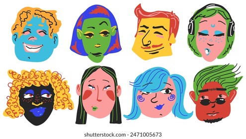 Diverse men and women portraits set. Trendy stylish people avatar. Different age, race, hairstyles, emotions. Contemporary cartoon faces. Abstract hand drawn collection. Isolated vector illustration