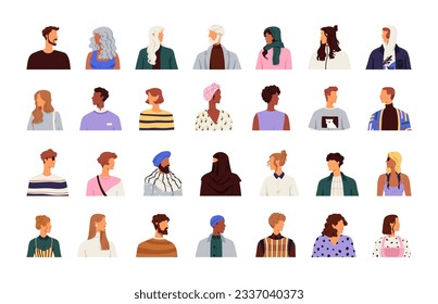 Diverse men, women set. People faces profiles, looking aside. Abstract different faceless characters avatars with turned heads, side view. Flat vector illustrations isolated on white background