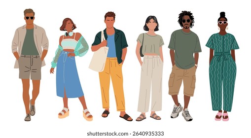 Diverse men and women in summer street fashion outfits. Casual trendy clothing styles, standing full length, Vector set isolated on white background. Perfect for fashion and lifestyle designs
