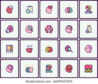 Diverse mental health and psychology icon set representing therapeutic concepts
