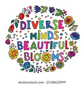 Diverse minds beautiful blooms. Neurodiversity concept. Diversity of human minds and experiences. Colorful poster, banner. Hand-drawn editable vector illustration isolated on a white background