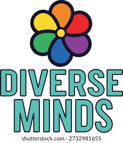 Ilustração vetorial do projeto da tipografia da flor de Diverse Minds para a consciência do autismo da neurodiversidade e a inclusão da saúde mental no fundo transparente.