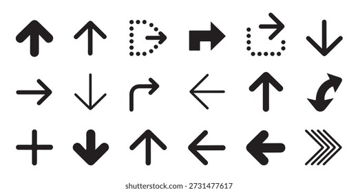 Diversos ponteiros de seta preta minimalistas e elementos de navegação para web design.