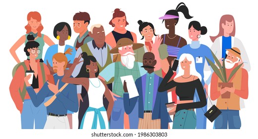 Diverse modern community, people crowd vector illustration. Cartoon elderly or young man woman characters standing together, waving, holding mobile phone, green plant and coffee cup isolated on white