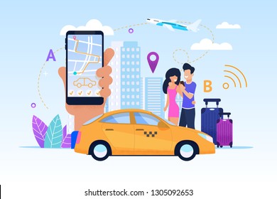 Diverse Modern Fleet maximizes List Services. Vector Illustration. Taxi Bonus Program. Convenient mode Operation makes Possible Order Car any Time Day. Transportation Customer safety and Comfort.