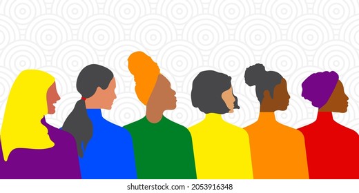 Diverse modern women of different nationalities and religions are fighting for rights. LGBT Pride Month. Rainbow love concept. Human rights and tolerance. Vector.