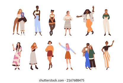 Diverse modern women set. Different body-positive happy girls portraits. Various beautiful females standing in trendy fashion summer outfits. Flat vector illustrations isolated on white background