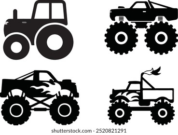 Diversas siluetas de camiones monstruo. Conjunto de vehículos de monstruo plano aislado Vector Siluetas