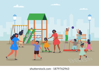 Diverse mothers with group of children at a playground engaged in various activities with cityscape backdrop, colored flat vector illustration