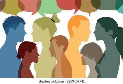 Diverse multicultural dialogue group. Vector illustration. People in profile talking to each other and peoples showing diversity. Share ideas in a speech bubble.
