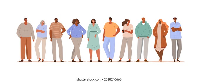 Diverse multicultural different ages people standing together in group. Happy elderly, young and adult characters. Social diversity concept. Flat cartoon vector Illustration.