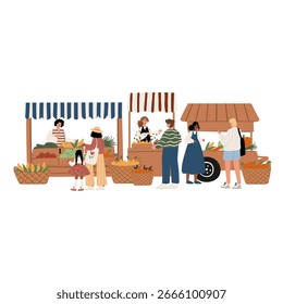 diverse multicultural group including Caucasian, Black, African American and Asian people shopping at a lively farmers market with vegetable stalls and wicker baskets. Flat vector illustration.