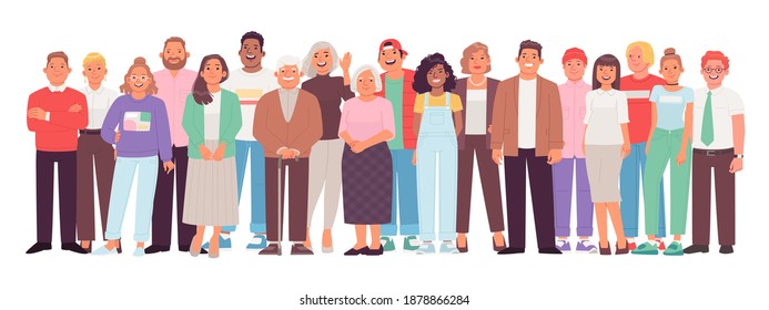 Diverse and multicultural group of people against a white background. A crowd of happy characters, young, adult and older men and women. Vector illustration in flat style