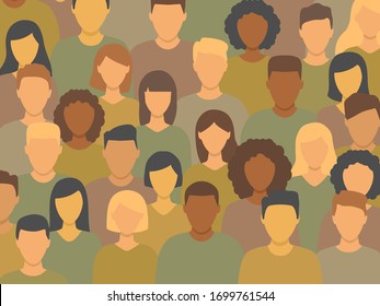 Diverse multicultural group of people standing together (europian, asian, american). Human social diversity crowd vector illustration.	