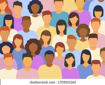 Diverse multicultural group of people standing together (europian, asian, american). Human social diversity crowd vector illustration.	