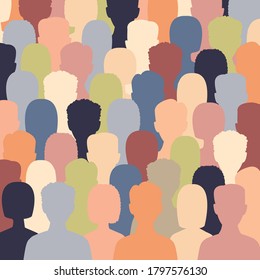 Diverse multicultural group of people standing together (europian, asian, american). Human social diversity crowd vector illustration. Concept of diversity men and women silhouettes.