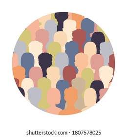 Diverse multicultural group of people standing together (europian, asian, american) in round shape. Human social diversity crowd vector illustration. Concept of diversity men and women silhouettes.