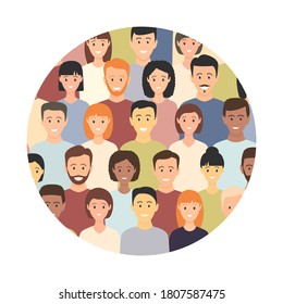 Diverse multicultural group of people standing together (europian, asian, american) in round shape. Human social diversity crowd vector illustration.