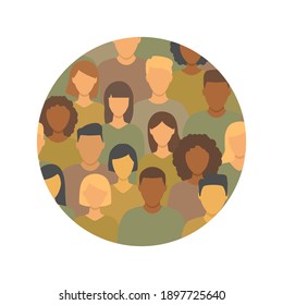 Diverse multicultural group of people standing together in round shape. Human social diversity crowd vector illustration. Concept of diversity men and women silhouettes.