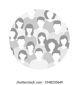 Diverse multicultural group of people standing together in round shape. Concept of diversity men and women silhouettes. Human social diversity crowd in circle. Vector illustration isolated on white.