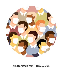 Diverse multicultural group people wearing medical masks in round shape. Disease, flu, contaminated air, world pollution, pandemic concept. Vector illustration in a flat style isolated. Human crowd.
