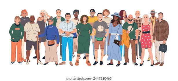 Grupo de Personas multiculturales y multirraciales diversas. Hombre y mujer en traje de moda de pie juntos. Personas con diferentes peinados y etnias en ropa casual. Ilustración vectorial plana