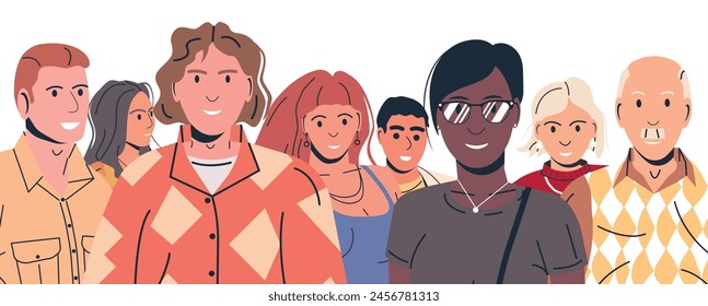 Grupo de Personas multiculturales y multirraciales diversas. Hombre y mujer en traje de moda de pie juntos. Personas con diferentes peinados y etnias en ropa casual. Ilustración vectorial plana