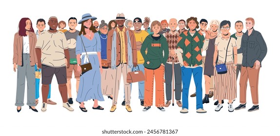 Diverse Multicultural and Multiracial People Group. Man and Woman in Trendy Outfit Standing Together. People with Different Hairstyles and Ethnicities in Casual Clothes. Flat Vector Illustration