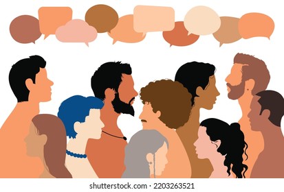 Diverse multicultural people interacting with a crowd of vector cartoon heads. Communication concept with speech bubbles. Communication concept with speech bubbles.